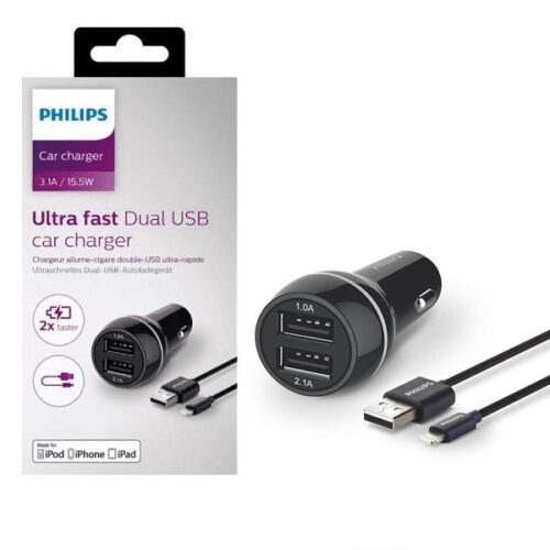 ŁADOWARKA SAMOCHODOWA 2A+1A CZARNA PHILIPS + KABEL IPHONE MFI 3100mA 2XUSB DUAL 15.5W QUICK CHARGE Phil-DLP2357V/10 4895185614502