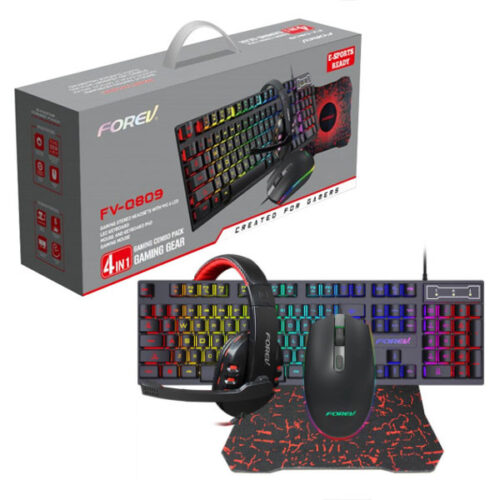 FOREV KLAWIATURA PRZEWODOWA + MYSZ SŁUCHAWKI PODKŁADKA ZESTAW PODŚWIETLANY  FV-Q809 4w1 5904238702659