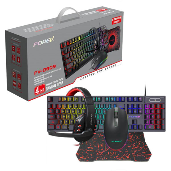 FOREV KLAWIATURA PRZEWODOWA + MYSZ SŁUCHAWKI PODKŁADKA ZESTAW PODŚWIETLANY  FV-Q809 4w1 5904238702659