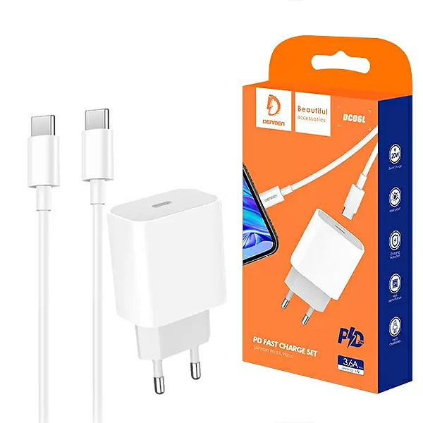 Denmen Ładowarka sieciowa DC06 TYP-C  + kabel Typ-C - Typ-C 3.6A 20W 1m Power Delivery PD Biały 6973224872194