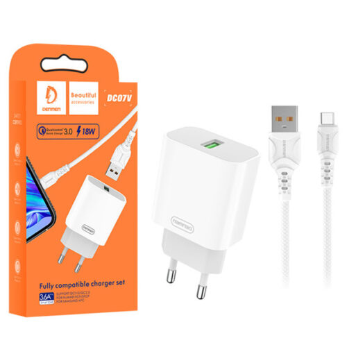 ŁADOWARKA SIECIOWA 3,6A 18W BIAŁA DENMEN + KABEL TYP-C 3600mA FAST CHARGING DC07T 6973224872163
