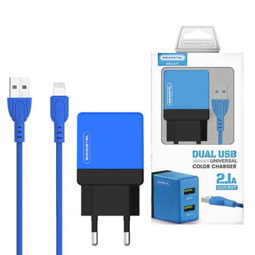 ŁADOWARKA SIECIOWA 2A + KABEL IPHONE NIEBIESKI SOMOSTEL 2100mA 2XUSB DUAL SMS-A53