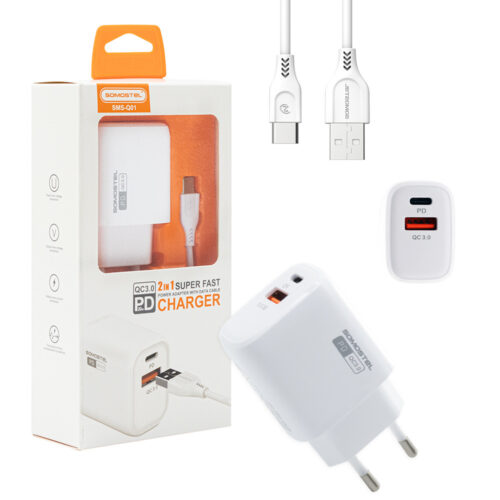 ŁADOWARKA SIECIOWA 3A 18W + KABEL TYP-C BIAŁA SOMOSTEL POWER DELIVERY QC3.0  SMS-Q01 PD+USB