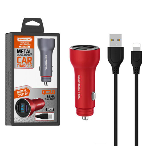 ŁADOWARKA SAMOCHODOWA 5A CZERWONY MIERNIK + KABEL IPHONE SOMOSTEL 30W 2XUSB DUAL SMS-A89 QUICK CHARGE QC 3.0 ALUMINIUM