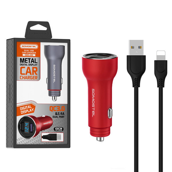ŁADOWARKA SAMOCHODOWA 5A CZERWONY MIERNIK + KABEL IPHONE SOMOSTEL 30W 2XUSB DUAL SMS-A89 QUICK CHARGE QC 3.0 ALUMINIUM