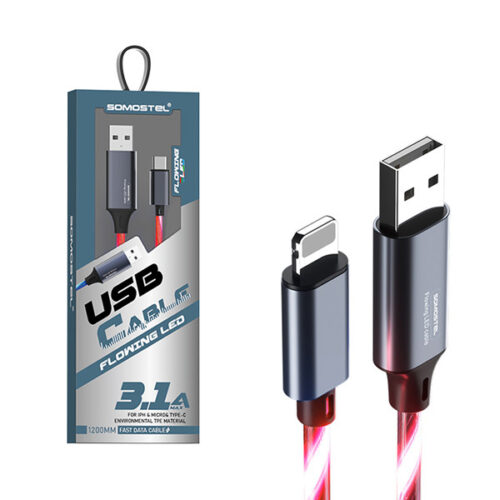 KABEL USB IPHONE 3.1A SOMOSTEL LED RED 3100mAh QUICK CHARGER QC 1.2M POWERLINE SMS-BY01 CZERWONY 5904238704141