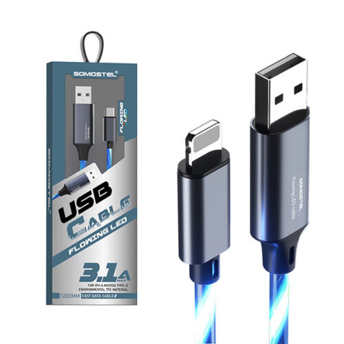 KABEL USB IPHONE 3.1A SOMOSTEL LED BLUE 3100mAh QUICK CHARGER QC 1.2M POWERLINE SMS-BY01 NIEBIESKI 5904238704158