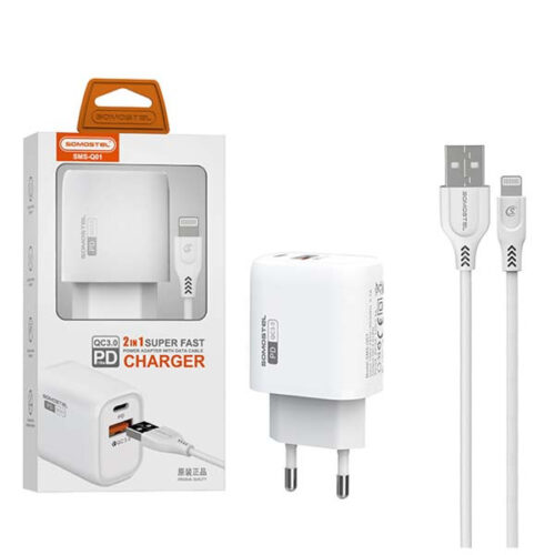 ŁADOWARKA SIECIOWA 3A 18W + KABEL IPHONE BIAŁA SOMOSTEL POWER DELIVERY QC3.0 SMS-Q01 PD+USB