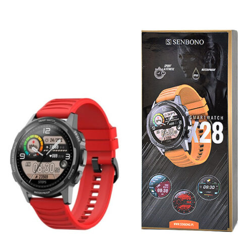 ZEGAREK SPORTOWY SMARTWATCH SENBONO X28 CZERWONY Full HD 360x360, POMIAR SpO2, METALOWA KOPERTA 5904238703137