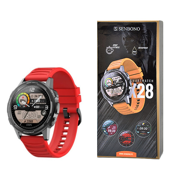 ZEGAREK SPORTOWY SMARTWATCH SENBONO X28 CZERWONY Full HD 360x360, POMIAR SpO2, METALOWA KOPERTA 5904238703137