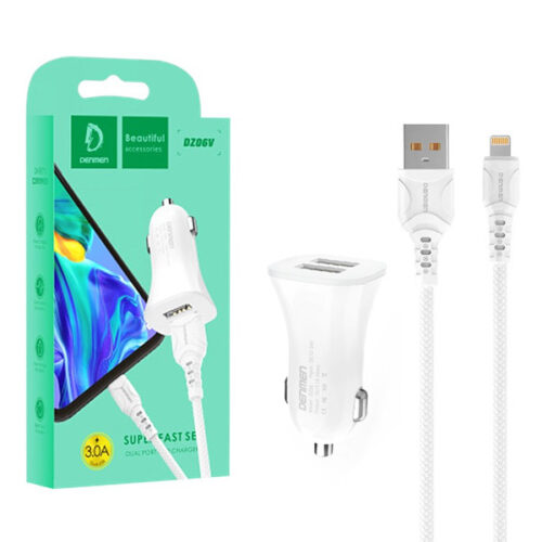 ŁADOWARKA SAMOCHODOWA 3A  + KABEL IPHONE BIAŁA DENMEN 3100mA DUAL FAST CHARGING 2XUSB DZ06L 15W 6973224872057
