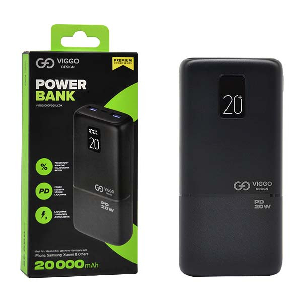 POWER BANK VIGGO PREMIUM 20000 mAh USB-C PD 20W LCD CZARNY 8018417414336
