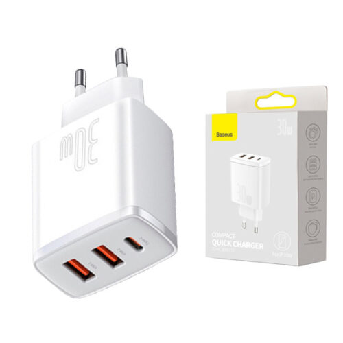 ŁADOWARKA SIECIOWA BASEUS COMPACT QUICK CHARGER, 2XUSB, USB-C, PD, 3A, 30W (BIAŁA) 6953156207301