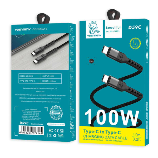 DENMEN KABEL USB TYP-C DO TYP-C  CZARNY 5A 100w D59C-B 6973224877144