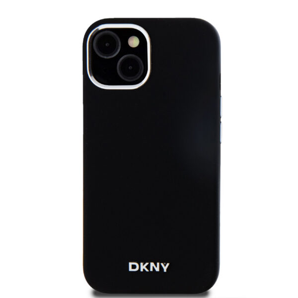 DKNY LIQUID SILICONE SILVER METAL LOGO MAGSAFE CASE FOR IPHONE 15 CZARNY 3666339265717