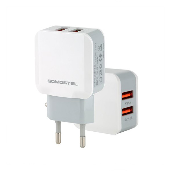 ŁADOWARKA SIECIOWA 2.1A BIAŁA SOMOSTEL 2100mA 2XUSB DUAL SMS-A13 SINGLE 6971469290087