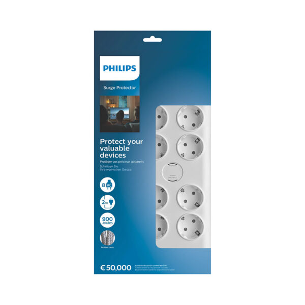 PRZEDŁUŻACZ SIECIOWY PHILIPS LISTWA ZASILAJĄCA BIAŁA 8 GNIAZDA SCHUKO 2M SPN7080WA/58 4895229115859