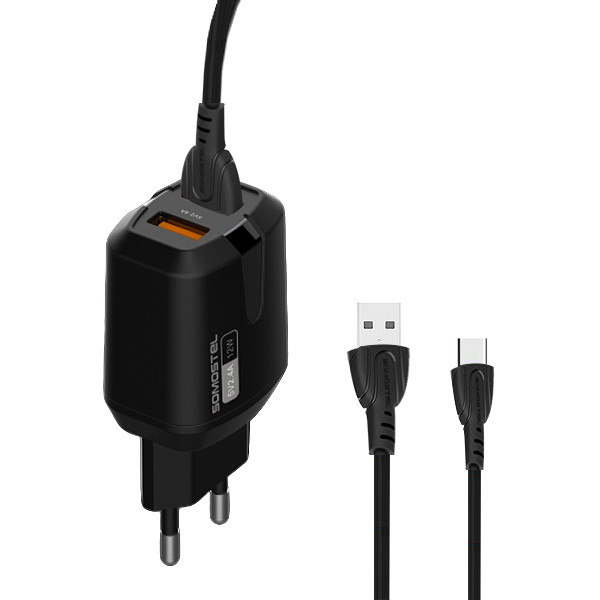 SOMOSTEL ŁADOWARKA SIECIOWA 12W 2.4A + KABEL TYP-C CZARNA USB-C  2XUSB DUAL SMS-A139 5902012967621