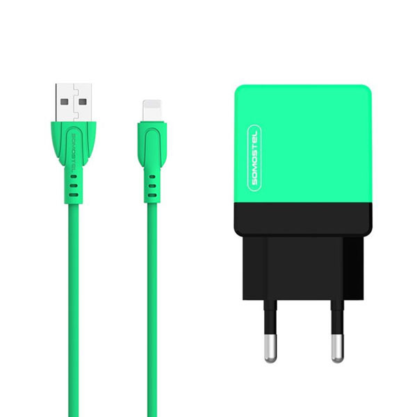 ŁADOWARKA SIECIOWA 2A + KABEL IPHONE ZIELONA SOMOSTEL 2100mA 2XUSB DUAL  SMS-A53