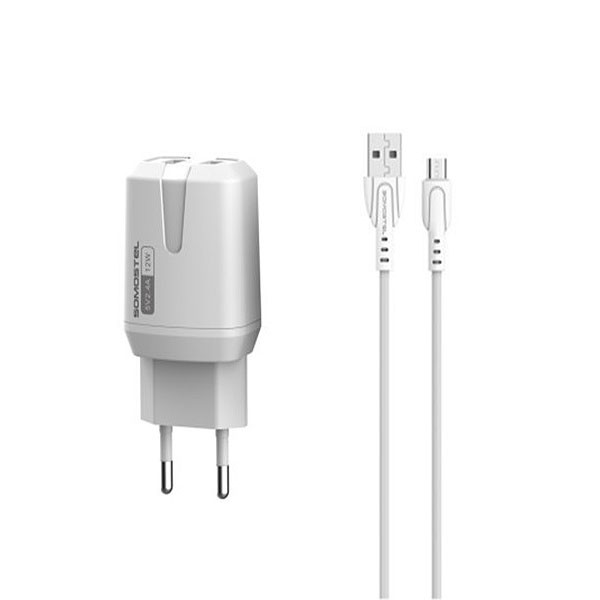 SOMOSTEL ŁADOWARKA SIECIOWA 12W 2.4A + KABEL MICRO USB BIAŁA 2XUSB DUAL SMS-A139