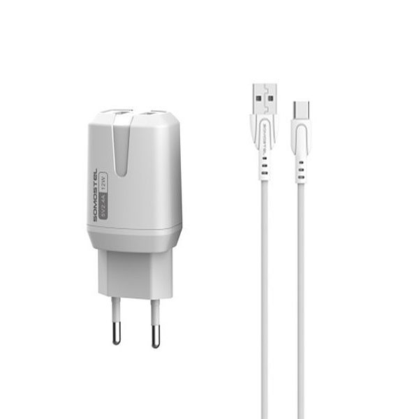SOMOSTEL ŁADOWARKA SIECIOWA 12W 2.4A + KABEL TYP-C BIAŁA USB-C 2XUSB DUAL SMS-A139