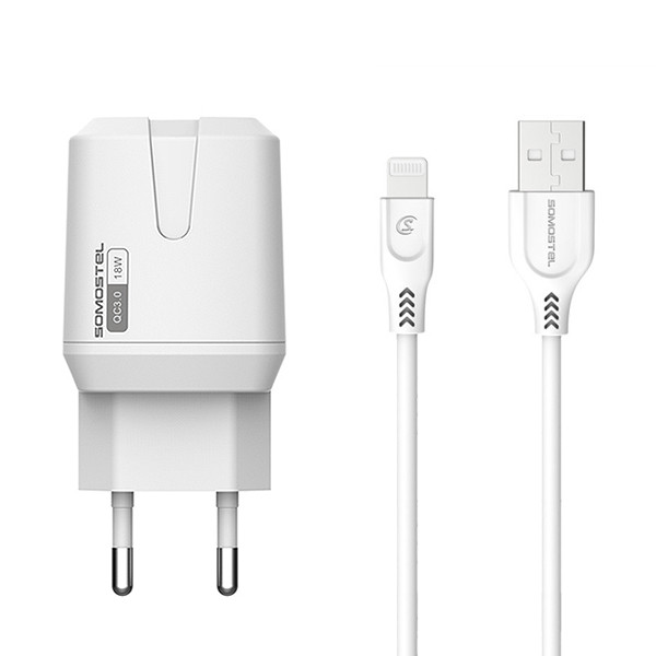 ŁADOWARKA SIECIOWA 3A 18W + KABEL IPHONE BIAŁA  SOMOSTEL 3000mA USB QC3.0 SMS-Q02