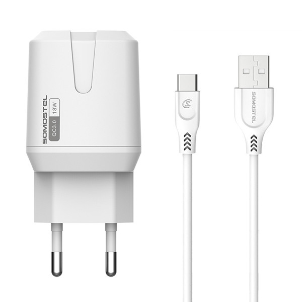 ŁADOWARKA SIECIOWA 3A 18W + KABEL USB - TYP-C BIAŁA SOMOSTEL 3000mA USB QC3.0 SMS-Q02