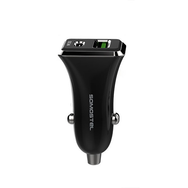 ŁADOWARKA SAMOCHODOWA 3A+2.4A 30W CZARNA SOMOSTEL 3100mA + 2100mA TYPC+USB DUAL SMS-A42B  QC 3.0 PD