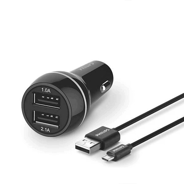 ŁADOWARKA SAMOCHODOWA 2A+1A CZARNA PHILIPS + KABEL MICRO USB 3100mA 2XUSB DUAL 15.5W QUICK CHARGE DLP2357U/10 4895185614496