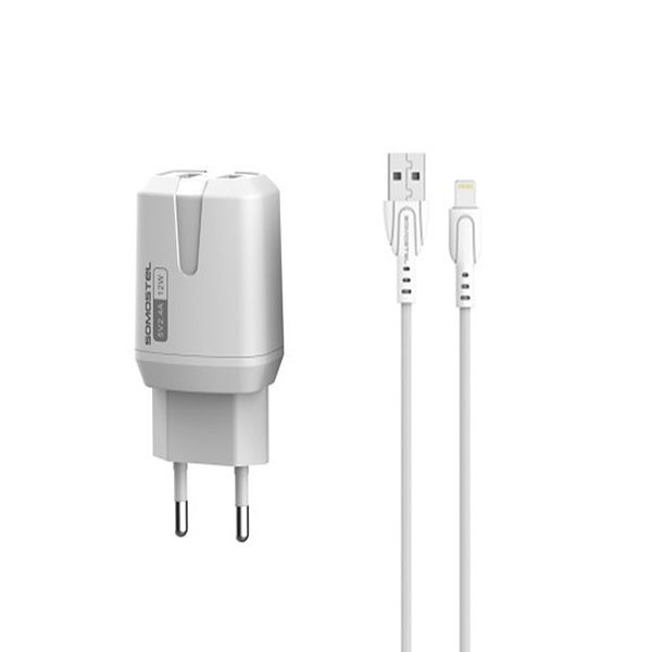 SOMOSTEL ŁADOWARKA SIECIOWA 12W 2.4A + KABEL IPHONE BIAŁA 2XUSB DUAL SMS-A139
