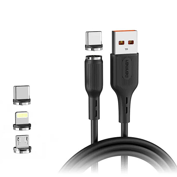 DENMEN KABEL USB 3W1 DENMEN CZARNY D18 MAGNETYCZNY MICRO TYP-C IPHONE 2,4A  1M 6973224871586
