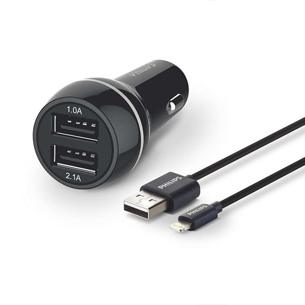 ŁADOWARKA SAMOCHODOWA 2A+1A CZARNA PHILIPS + KABEL IPHONE MFI 3100mA 2XUSB DUAL 15.5W QUICK CHARGE Phil-DLP2357V/10 4895185614502