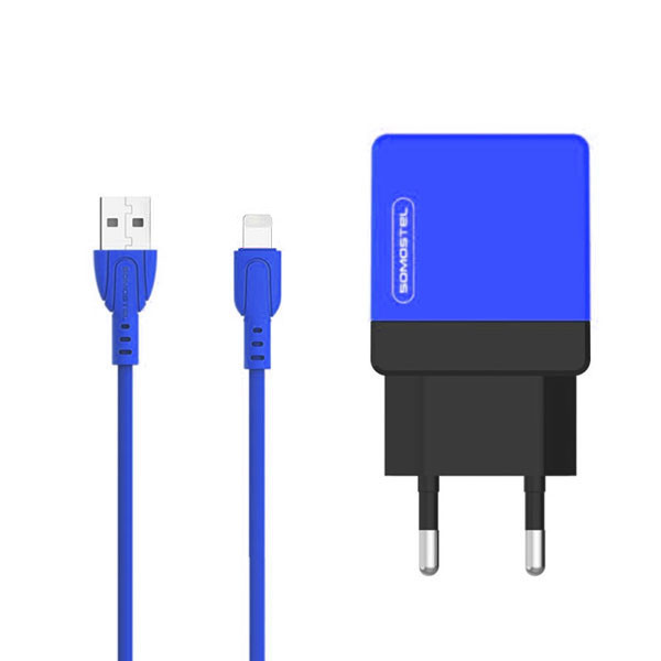 ŁADOWARKA SIECIOWA 2A + KABEL IPHONE NIEBIESKI SOMOSTEL 2100mA 2XUSB DUAL SMS-A53