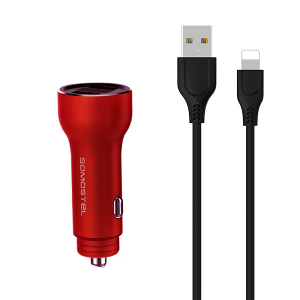 ŁADOWARKA SAMOCHODOWA 5A CZERWONY MIERNIK + KABEL IPHONE SOMOSTEL 30W 2XUSB DUAL SMS-A89 QUICK CHARGE QC 3.0 ALUMINIUM