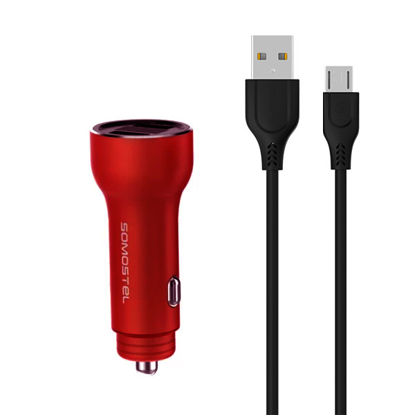 ŁADOWARKA SAMOCHODOWA 5A CZRWONY MIERNIK + KABEL MICRO SOMOSTEL 30W 2XUSB DUAL SMS-A89 QUICK CHARGE QC 3.0 ALUMINIUM