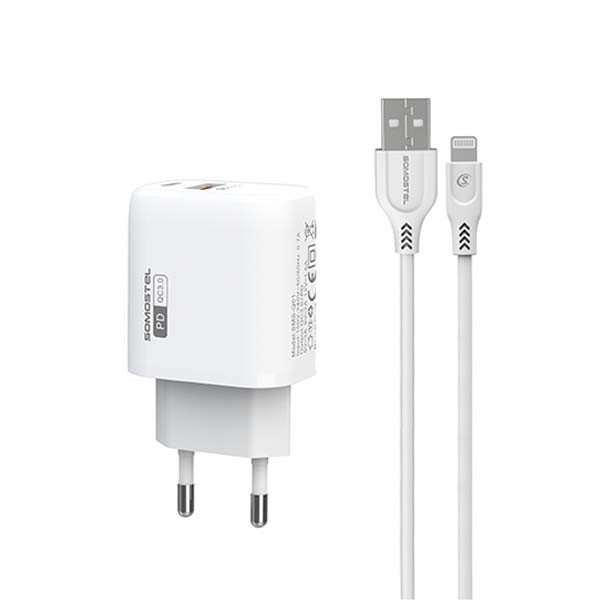 ŁADOWARKA SIECIOWA 3A 18W + KABEL IPHONE BIAŁA SOMOSTEL POWER DELIVERY QC3.0 SMS-Q01 PD+USB