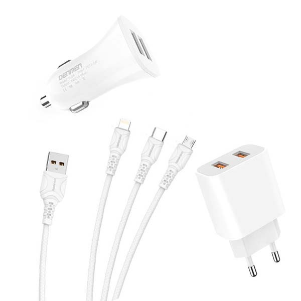 ŁADOWARKA SIECIOWA 2.4A + KABEL USB 3W1 + ŁADOWARKA SAMOCHODOWA 3,1A BIAŁA TRUSTY TR-CH01