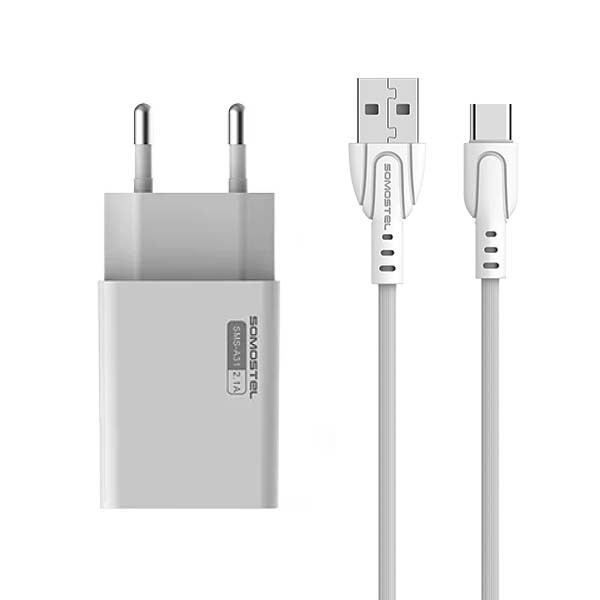 ŁADOWARKA SIECIOWA 2A + KABEL TYP-C BIAŁY SOMOSTEL 2100mA USB-C SMS-A31