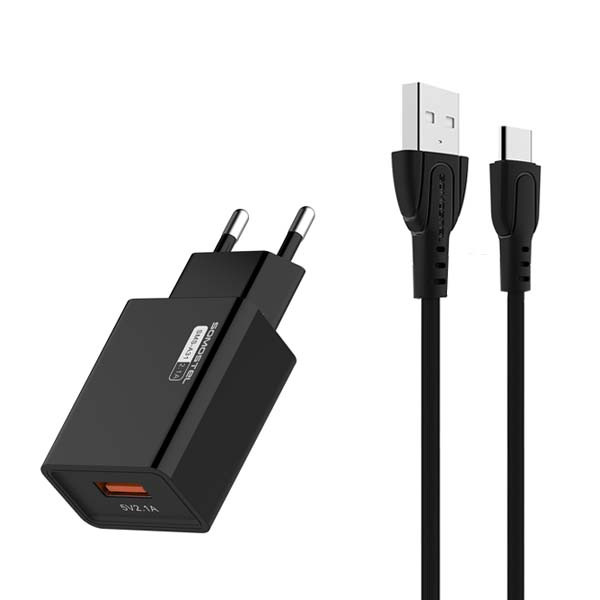 ŁADOWARKA SIECIOWA 2A + KABEL TYP-C CZARNY SOMOSTEL 2100mA USB-C SMS-A31