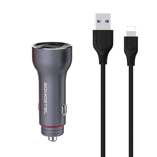 ŁADOWARKA SAMOCHODOWA 5A SREBRNY MIERNIK + KABEL IPHONE SOMOSTEL 30W 2XUSB DUAL SMS-A89 QUICK CHARGE QC 3.0 ALUMINIUM