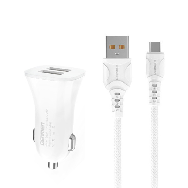 ŁADOWARKA SAMOCHODOWA 3A  + KABEL TYP-C BIAŁA DENMEN 3100mA DUAL FAST CHARGING 2XUSB DZ06T 15W 6973224872064