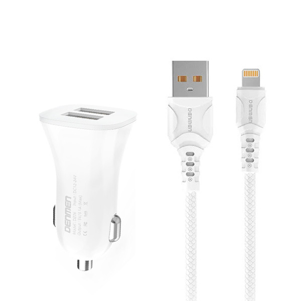 ŁADOWARKA SAMOCHODOWA 3A  + KABEL IPHONE BIAŁA DENMEN 3100mA DUAL FAST CHARGING 2XUSB DZ06L 15W 6973224872057