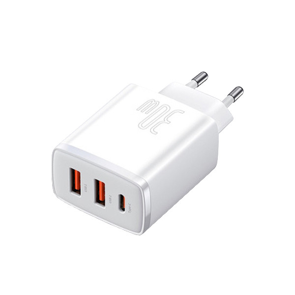 ŁADOWARKA SIECIOWA BASEUS COMPACT QUICK CHARGER, 2XUSB, USB-C, PD, 3A, 30W (BIAŁA) 6953156207301