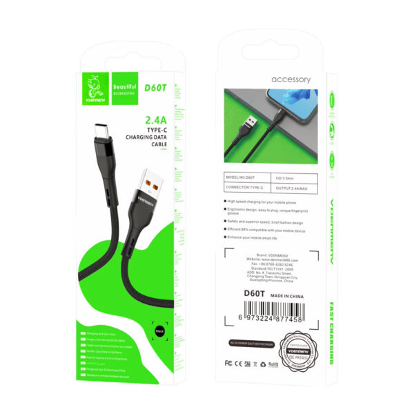 KABEL USB TYP-C DENMEN CZARNY OPLOT TYP-C 2.4A 60W QC3.0 D60T-B 6973224877458