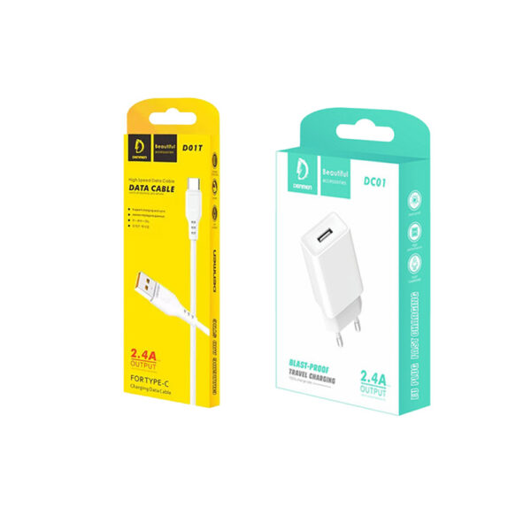 ŁADOWARKA SIECIOWA 2.4A DENMEN BIAŁA 2400mA DC01 12W SINGLE + KABEL TYP-C D01T