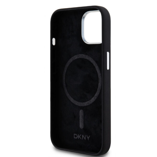 DKNY LIQUID SILICONE SILVER METAL LOGO MAGSAFE CASE FOR IPHONE 15 CZARNY 3666339265717