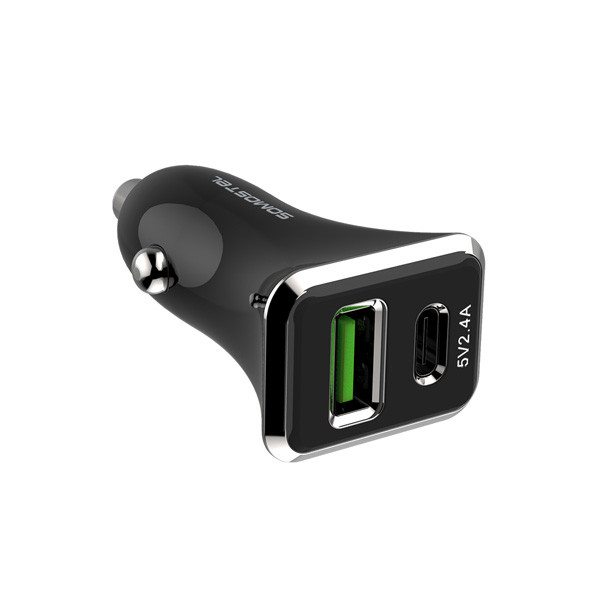 ŁADOWARKA SAMOCHODOWA 3A+2.4A 30W CZARNA SOMOSTEL 3100mA + 2100mA TYPC+USB DUAL SMS-A42B  QC 3.0 PD