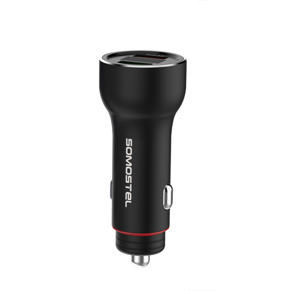 ŁADOWARKA SAMOCHODOWA 5A CZARNA MIERNIK + KABEL IPHONE SOMOSTEL 30W 2XUSB DUAL SMS-A89 QUICK CHARGE QC 3.0 ALUMINIUM