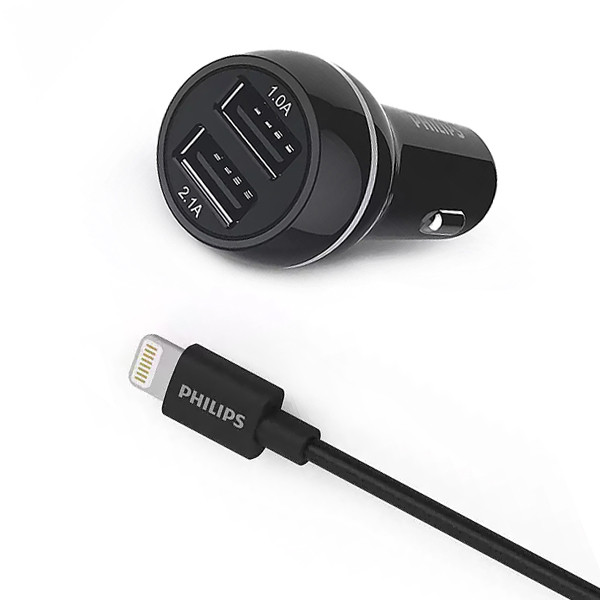 ŁADOWARKA SAMOCHODOWA 2A+1A CZARNA PHILIPS + KABEL IPHONE MFI 3100mA 2XUSB DUAL 15.5W QUICK CHARGE Phil-DLP2357V/10 4895185614502