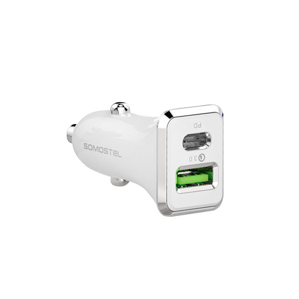ŁADOWARKA SAMOCHODOWA 3A+2.4A 30W BIAŁA SOMOSTEL 3100mA + 2100mA TYPC+USB DUAL SMS-A42 QC 3.0 PD